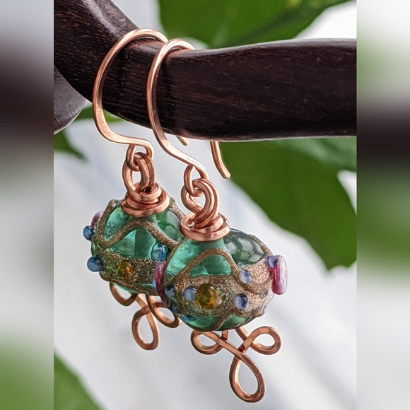 Venetian Emerald Glass Bead Earrings Copper Wire Wrap Colorful Handmade - Picture 5 of 16